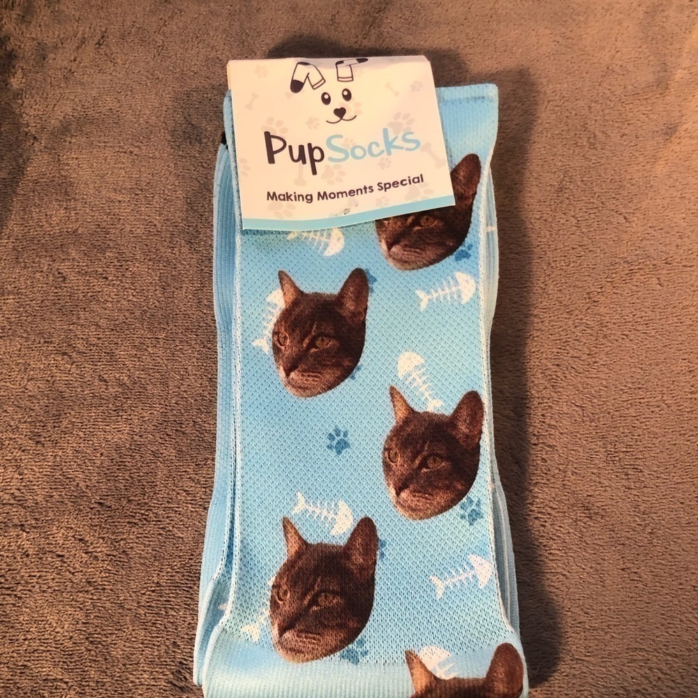 PupSocks Light Blue‎ Cat Face Fish Bone Paw Print Novelty Crew Socks NWT